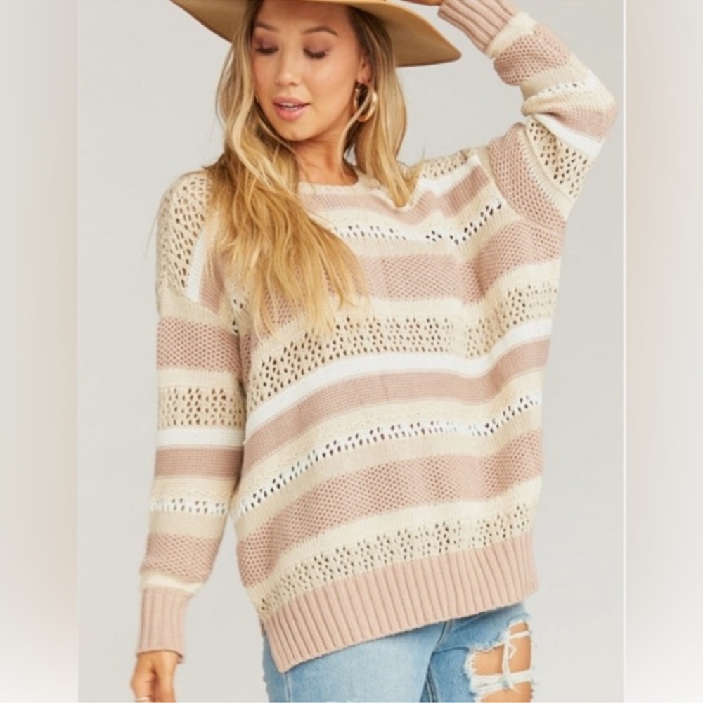 Show Me Your Mumu Yala Tan Cream Striped Crochet Sweater Tunic